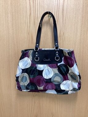 Coach Circle Print Shoulder Tote - Black/Purple/Cream